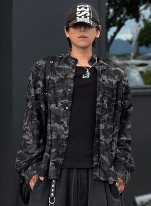 러스트 밴드 카라 셔츠 [카모 블랙]
