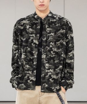 러스트 밴드 카라 셔츠 [카모 올리브]