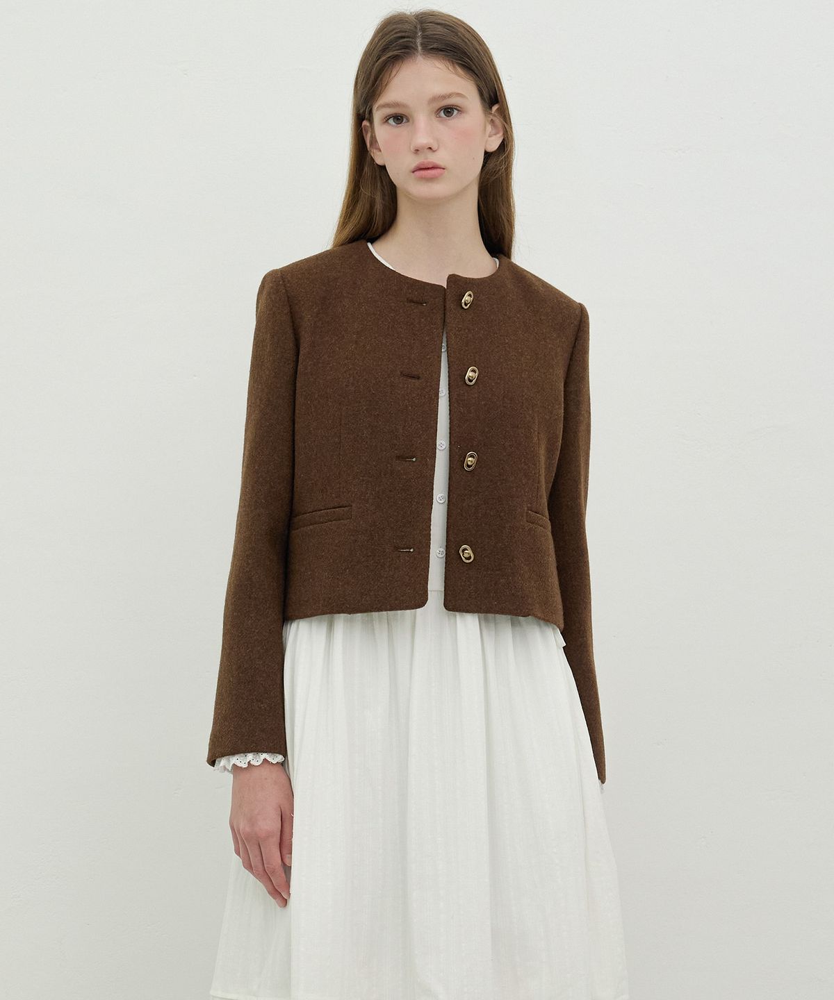 올리브 데 올리브(OLIVE DES OLIVE) 라운드넥 테이프 배색 트위드 울 자켓 OW5XJ8890