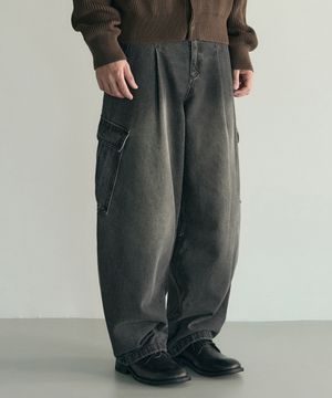 [데일리룸 X 로템버] 벌룬 레그 밀 데님 카고 팬츠 [워시드 블랙]