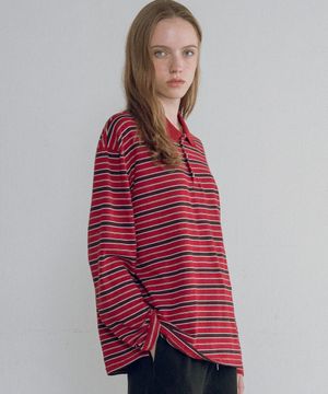 A3548 버건디 레드 스트라이프 티셔츠