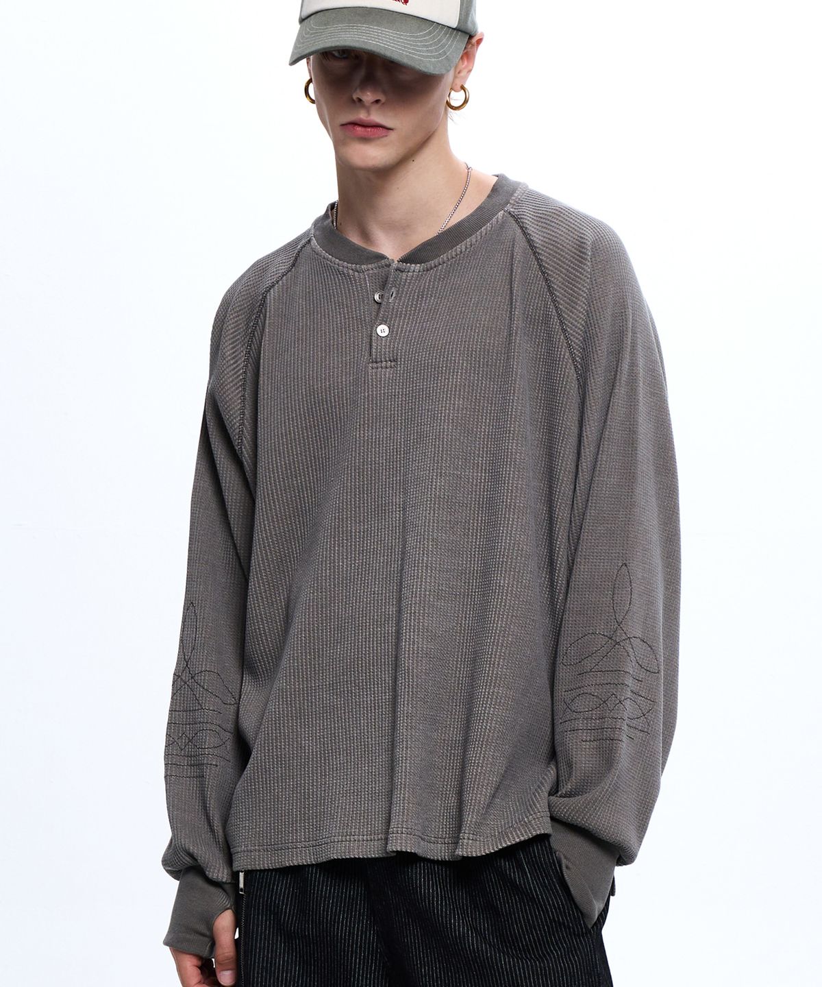 알에스에스씨(RSSC) WASHING WAFFLE HENLEY NECK LONG SLEEVE - ASH GRAY