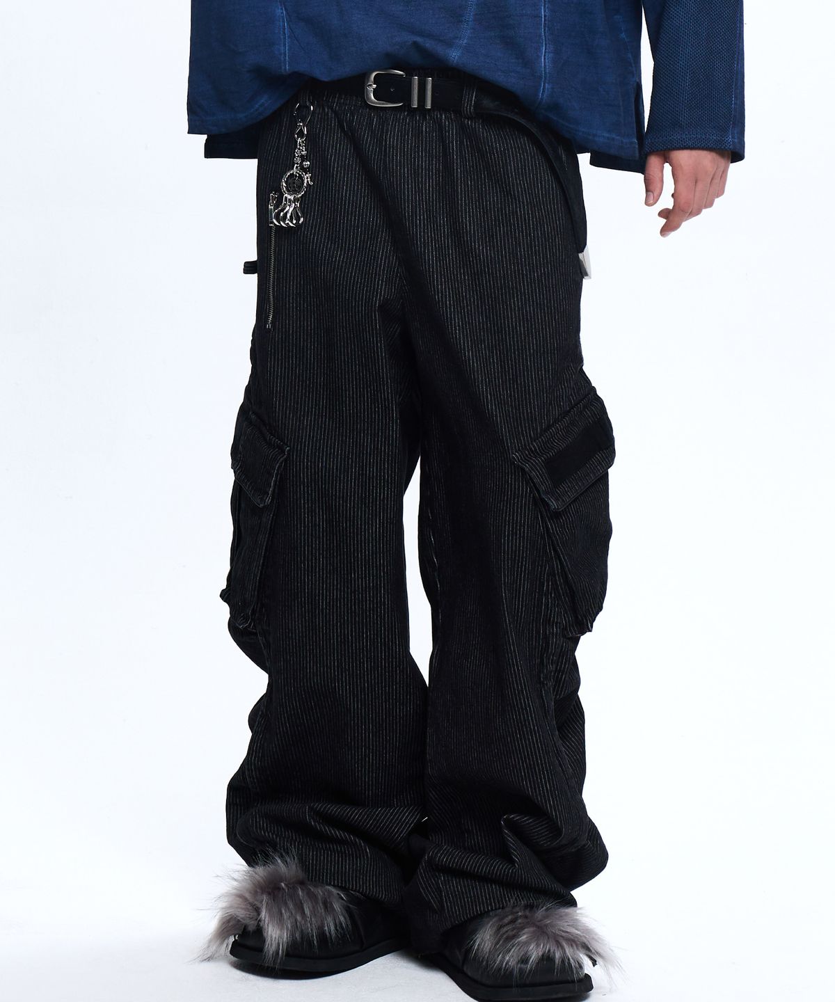 알에스에스씨(RSSC) WRINKLE MIXED STRIPE CARPENTER DENIM PANTS - BLACK