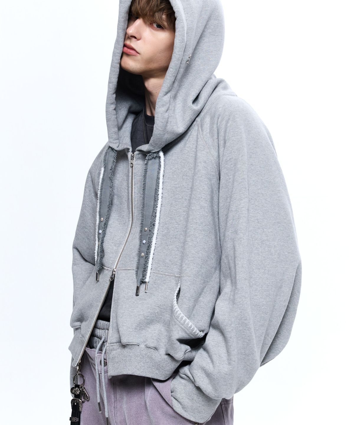 알에스에스씨(RSSC) DENIM STRAP CROP HOOD ZIPUP - MELANGE