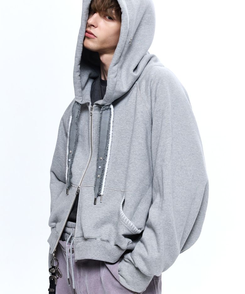 DENIM STRAP CROP HOOD ZIPUP - MELANGE