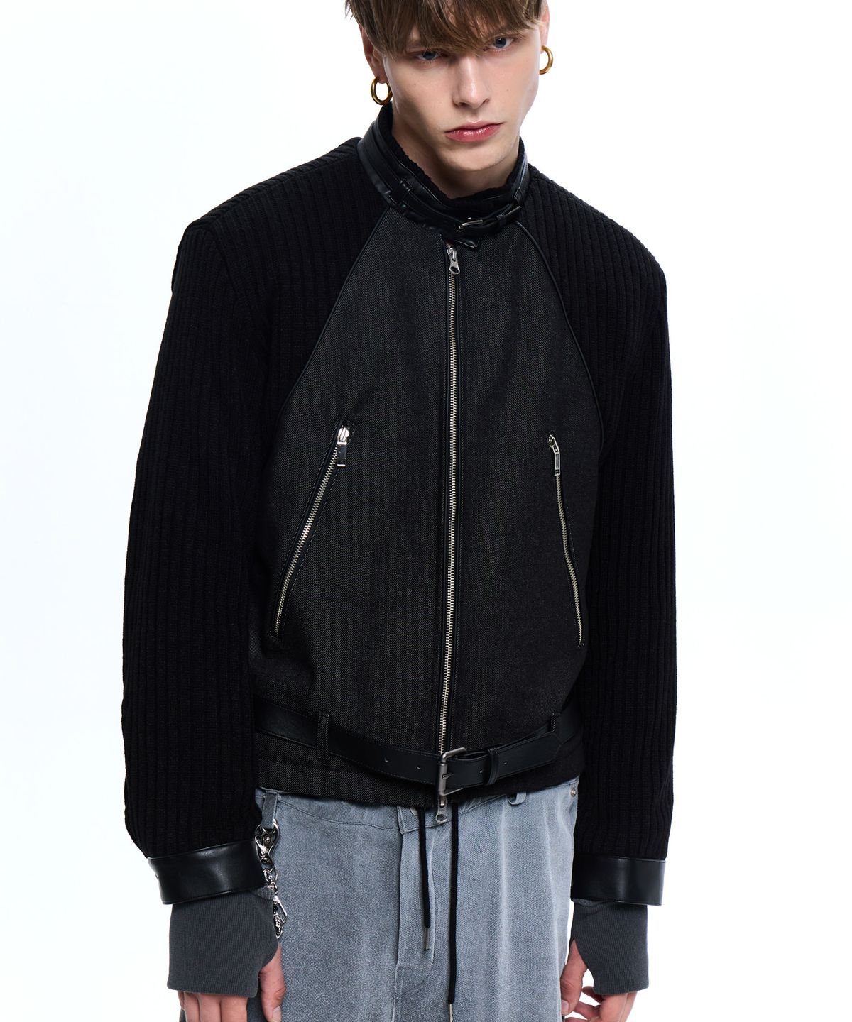알에스에스씨(RSSC) KNIT & DENIM BELTED BIKER JACKET - BLACK