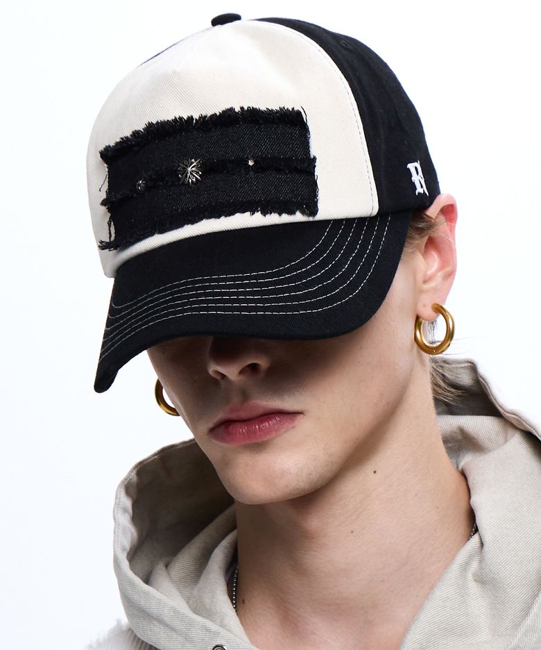 DENIM PATCHED RIVET BALL CAP - BLACK/IVORY