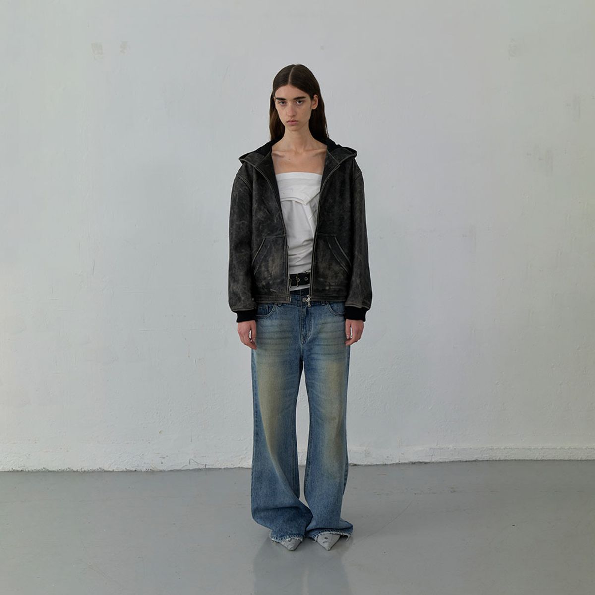 엘씨디씨티엠(LCDC™) VINTAGE LEATHER HOODED ZIP-UP JACKET (BLACK)