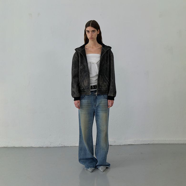 VINTAGE LEATHER HOODED ZIP-UP JACKET (BLACK)