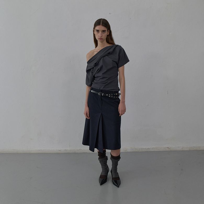 STRIPED TAILORED MIDI SKIRT (DARK NAVY)