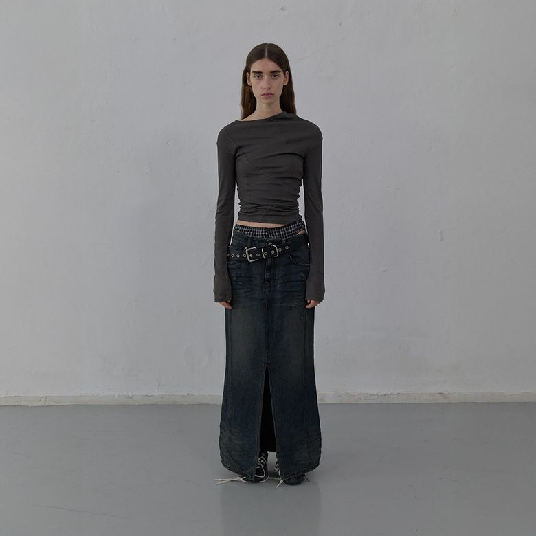DENIM LONG SKIRT (DARK BLUE)
