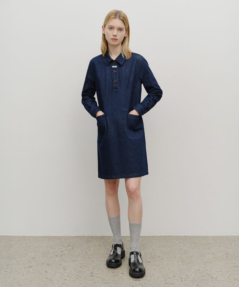 W DENIM LONG SLEEVE DRESS dark blue
