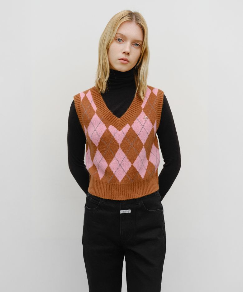 W ARGYLE V-NECK KNIT VEST beige