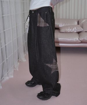 DENIM CHECK MIX PANTS INDIGO BLACK