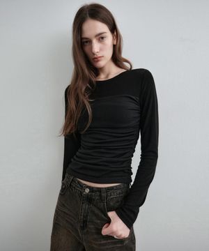 튜브탑 셔링 레이어드 티셔츠 블랙 MDTS083BLACK