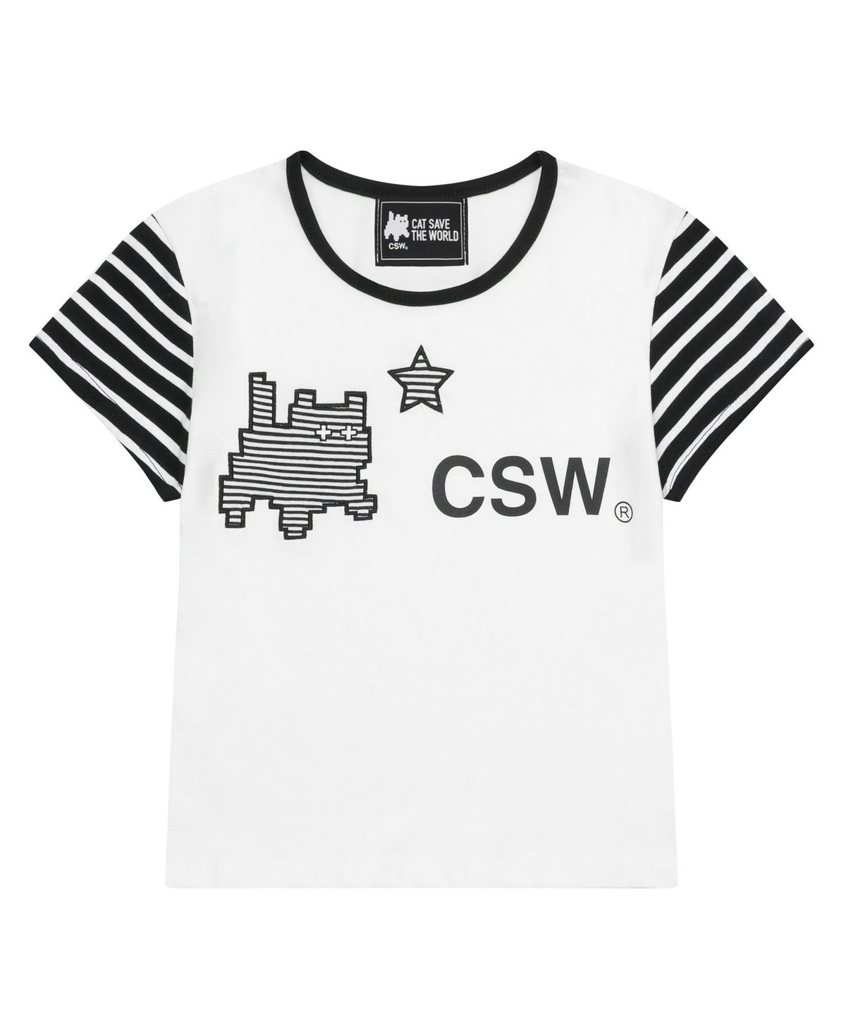 캣세이브더월드(CATSAVETHEWORLD) 마인 캣 스트라이프 배색 반팔 티 (2컬러)