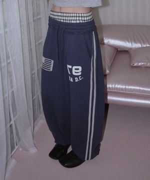 CHECK LAYERED SWEAT WIDE PANTS NAVY