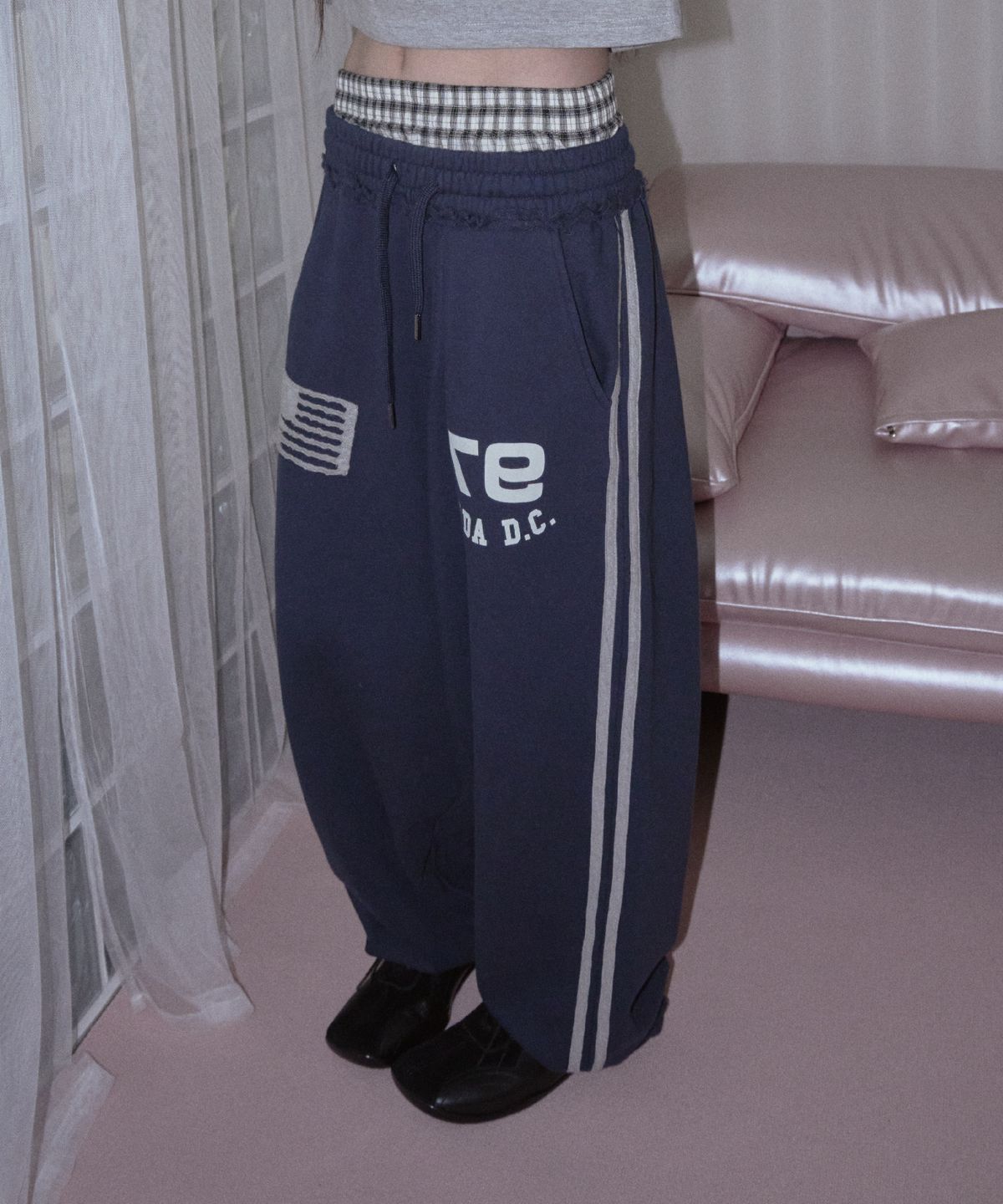 프렌다(PRENDA) CHECK LAYERED SWEAT WIDE PANTS NAVY