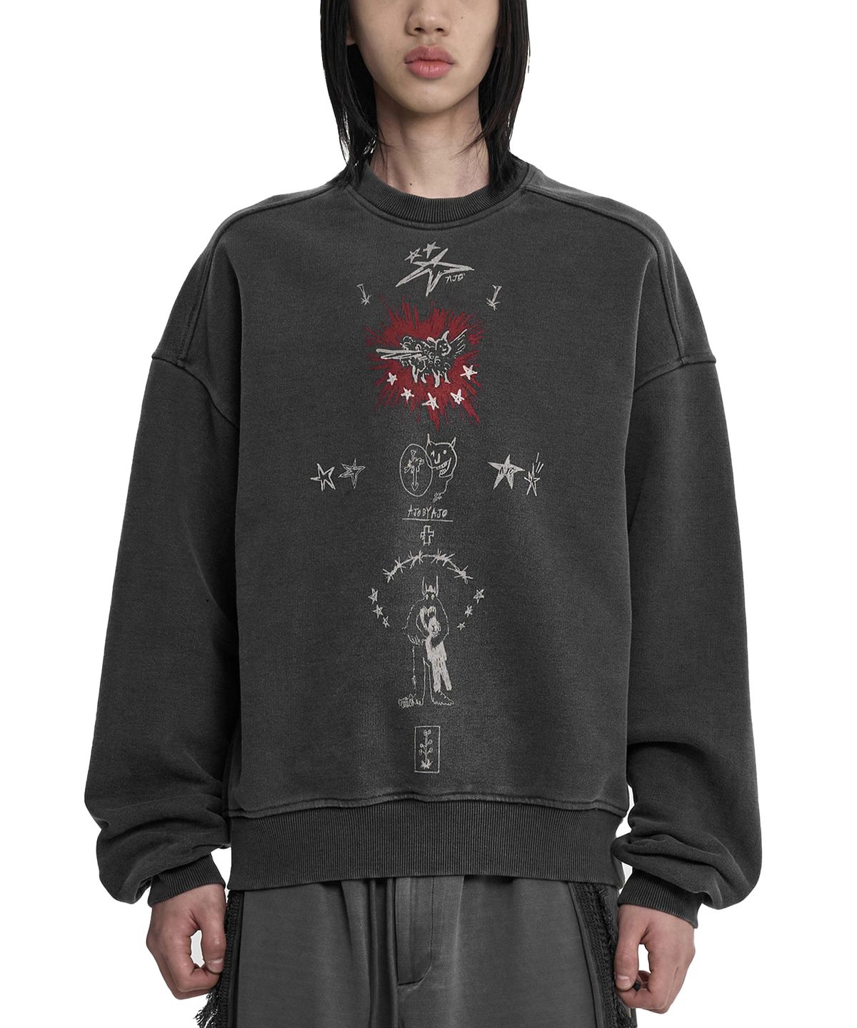 아조바이아조(AJOBYAJO) Blessing Doodle Washed Sweatshirt [CHARCOAL]