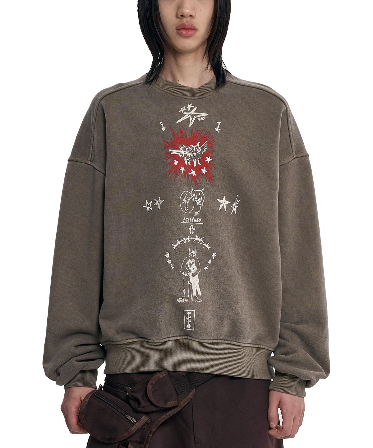 아조바이아조(AJOBYAJO) Blessing Doodle Washed Sweatshirt [BROWN]