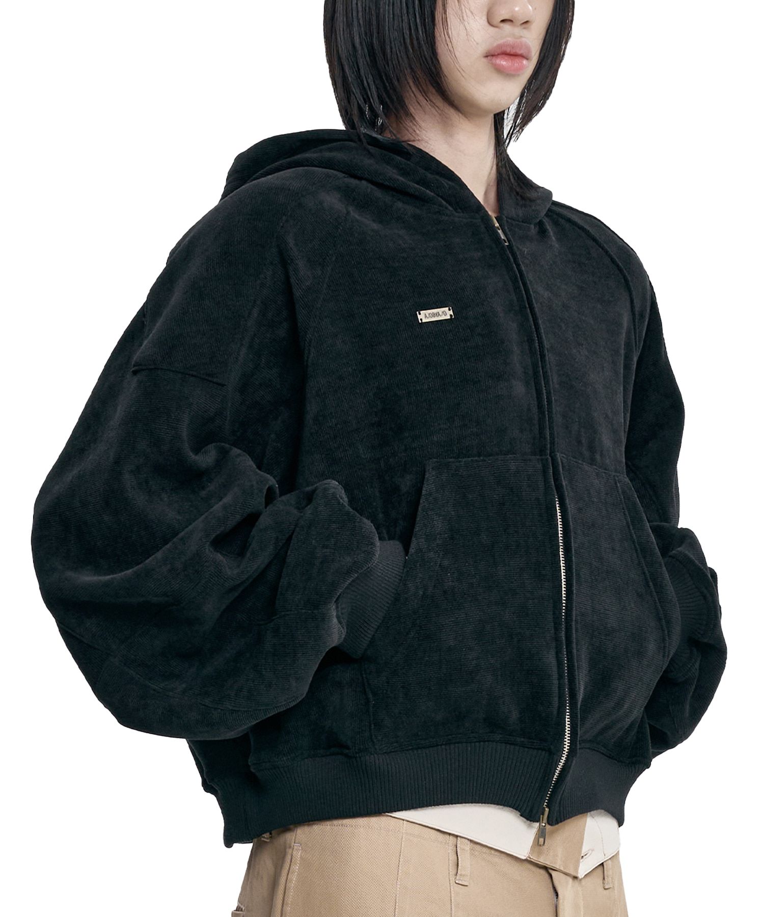 MUSINSA公式 | AJOBYAJO Corduroy Short Zip-Up Hoodie [BLACK]