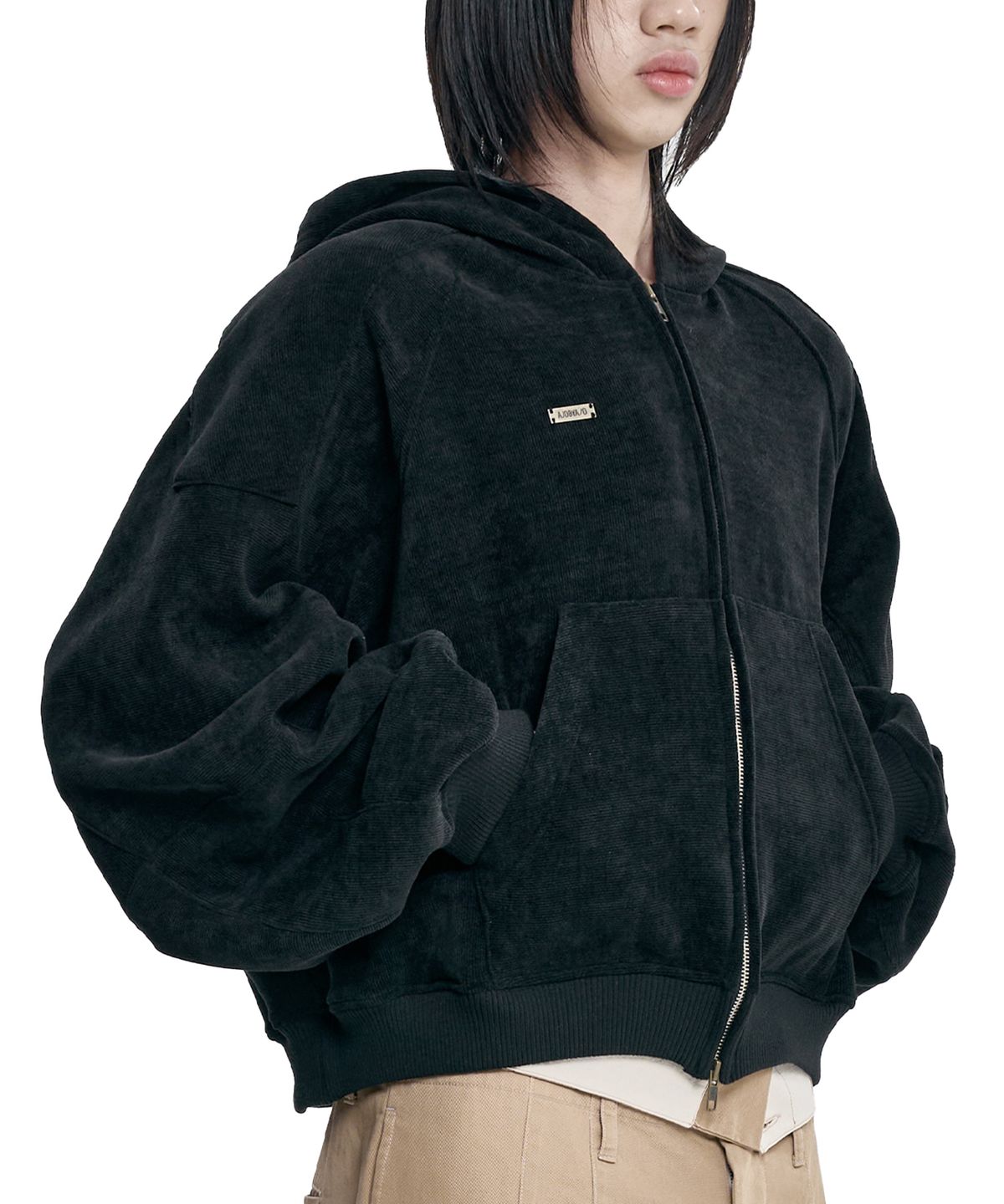 아조바이아조(AJOBYAJO) Corduroy Short Zip-Up Hoodie [BLACK]