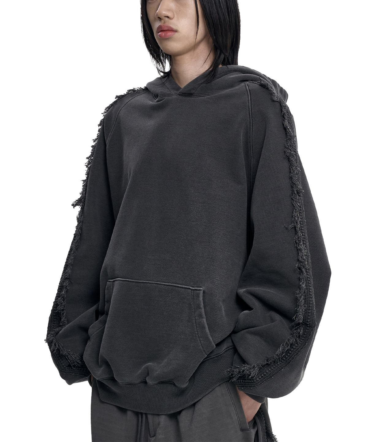 아조바이아조(AJOBYAJO) Raglan Lace Trimming Hoodie [CHARCOAL]