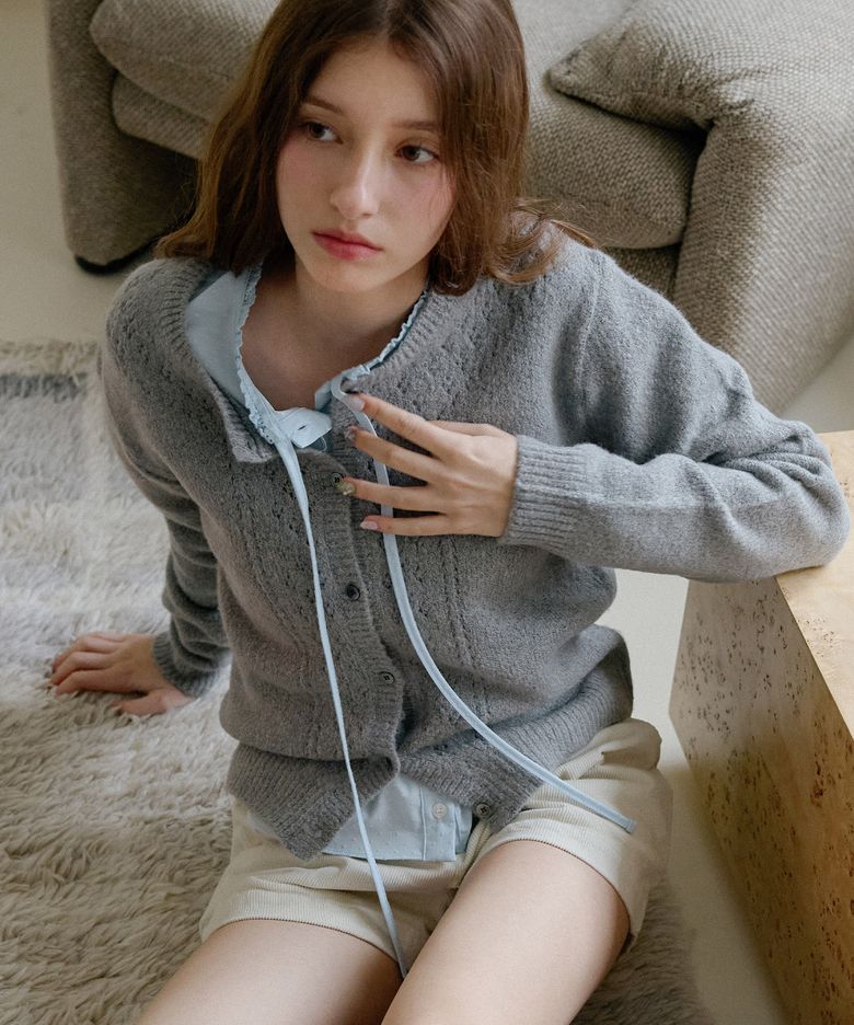 딥 유넥 펀칭 울 가디건 ( 챠콜 )