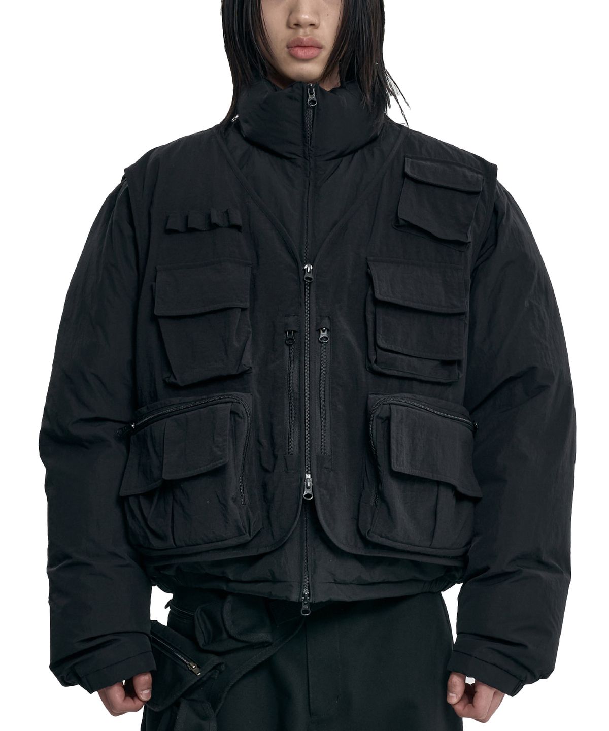 아조바이아조(AJOBYAJO) Cargo Vest Layered Padded Jacket [BLACK]