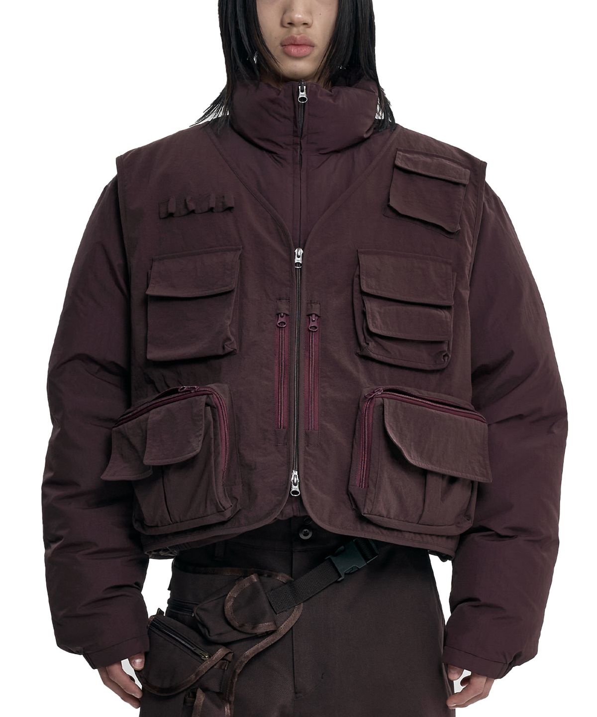 아조바이아조(AJOBYAJO) Cargo Vest Layered Padded Jacket [BROWN]