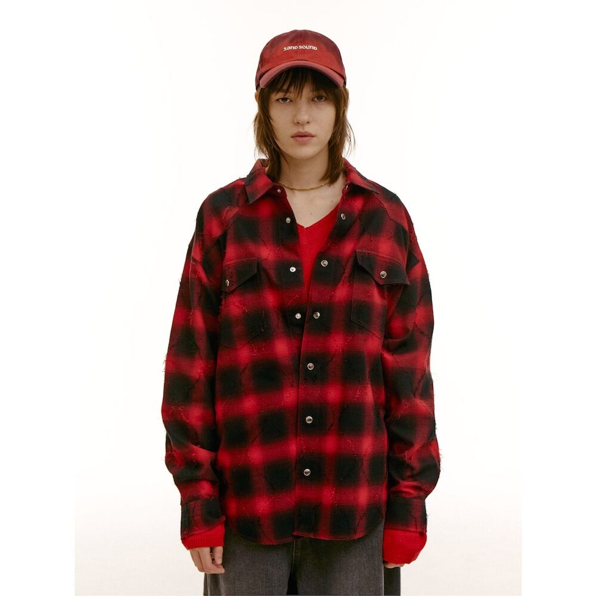 샌드 사운드(SAND SOUND) (UNISEX) 웨스턴 옴브레 체크 오버핏 셔츠  레드