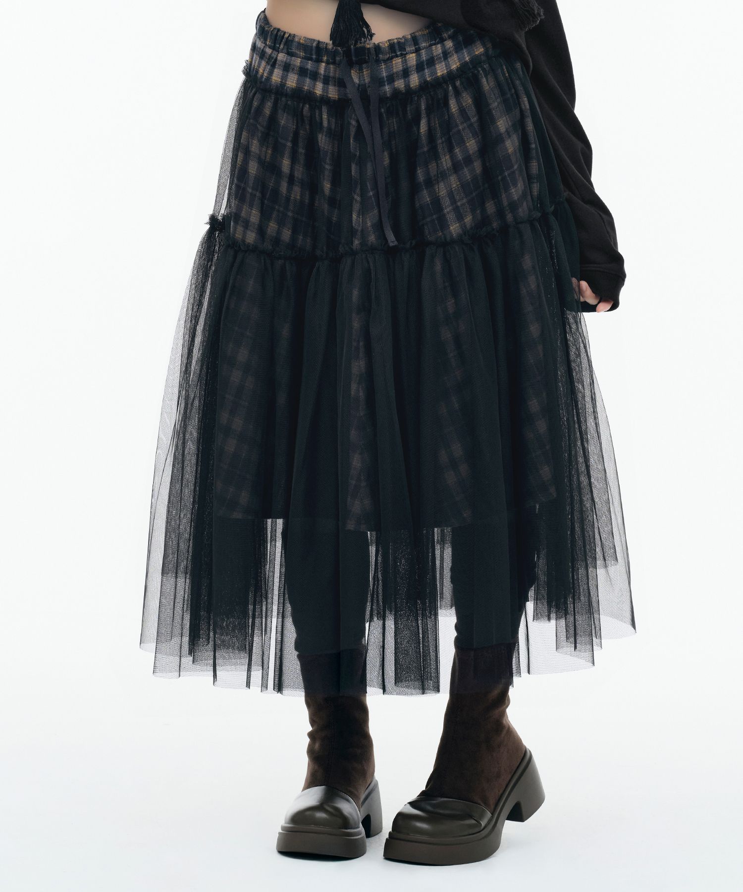MUSINSA | TUOMIO CHECK TULLE SKIRT [NAVY]