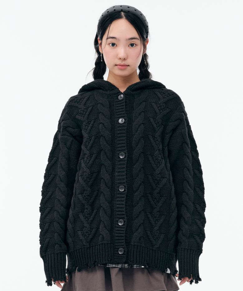 DAMAGED CABLE CARDIGAN [BLACK]