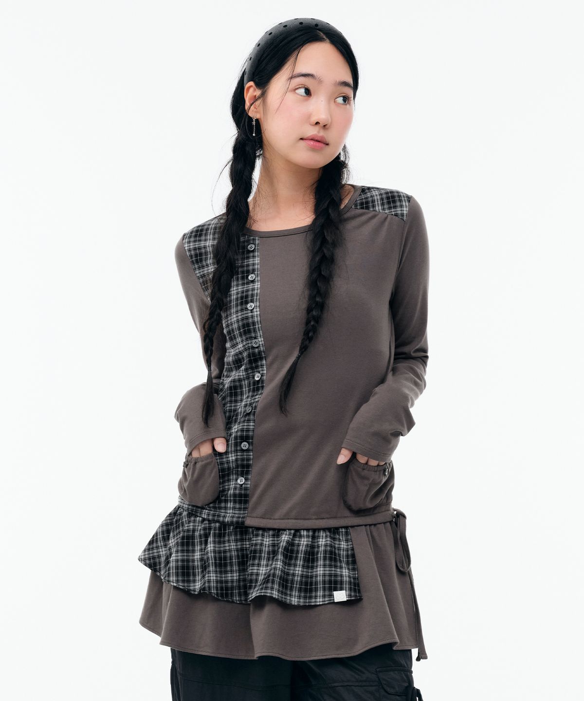 뚜오미오(TUOMIO) CHECK MIXED JERSEY DRESS [CHARCOAL]