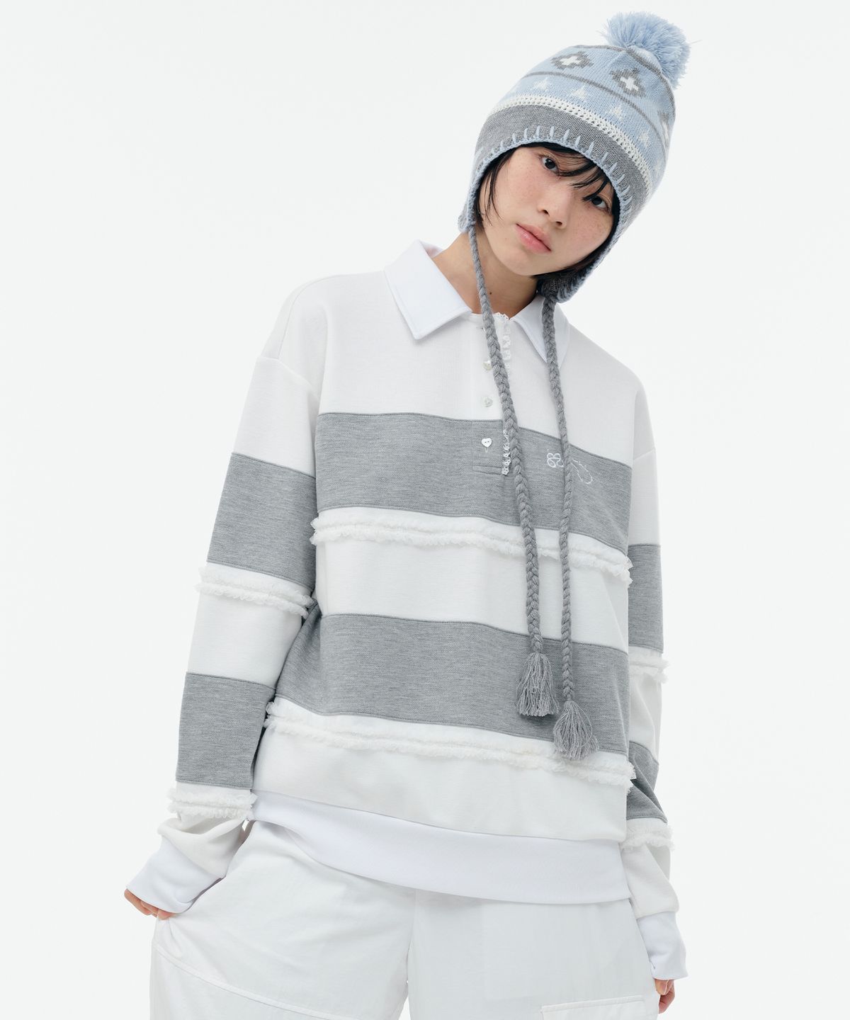뚜오미오(TUOMIO) RUFFLE POLO TOP [HEATHER GREY]
