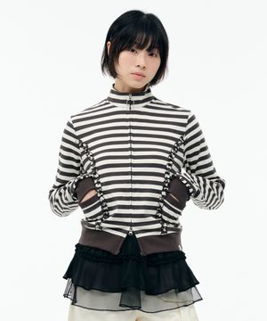 STRIPE RUFFLE JERSEY ZIP-UP [CHARCOAL]