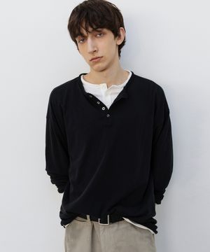 코튼 린넨 헨리넥 롱슬리브 WASHED BLACK