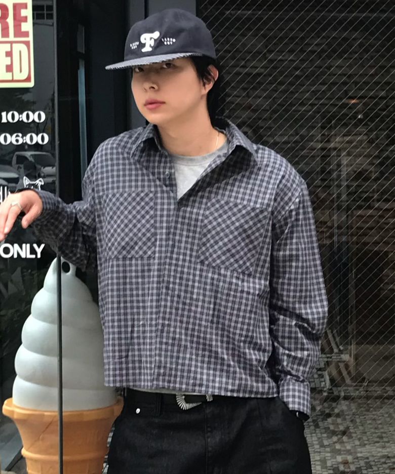 에센셜 크롭 체크 셔츠 [네이비]