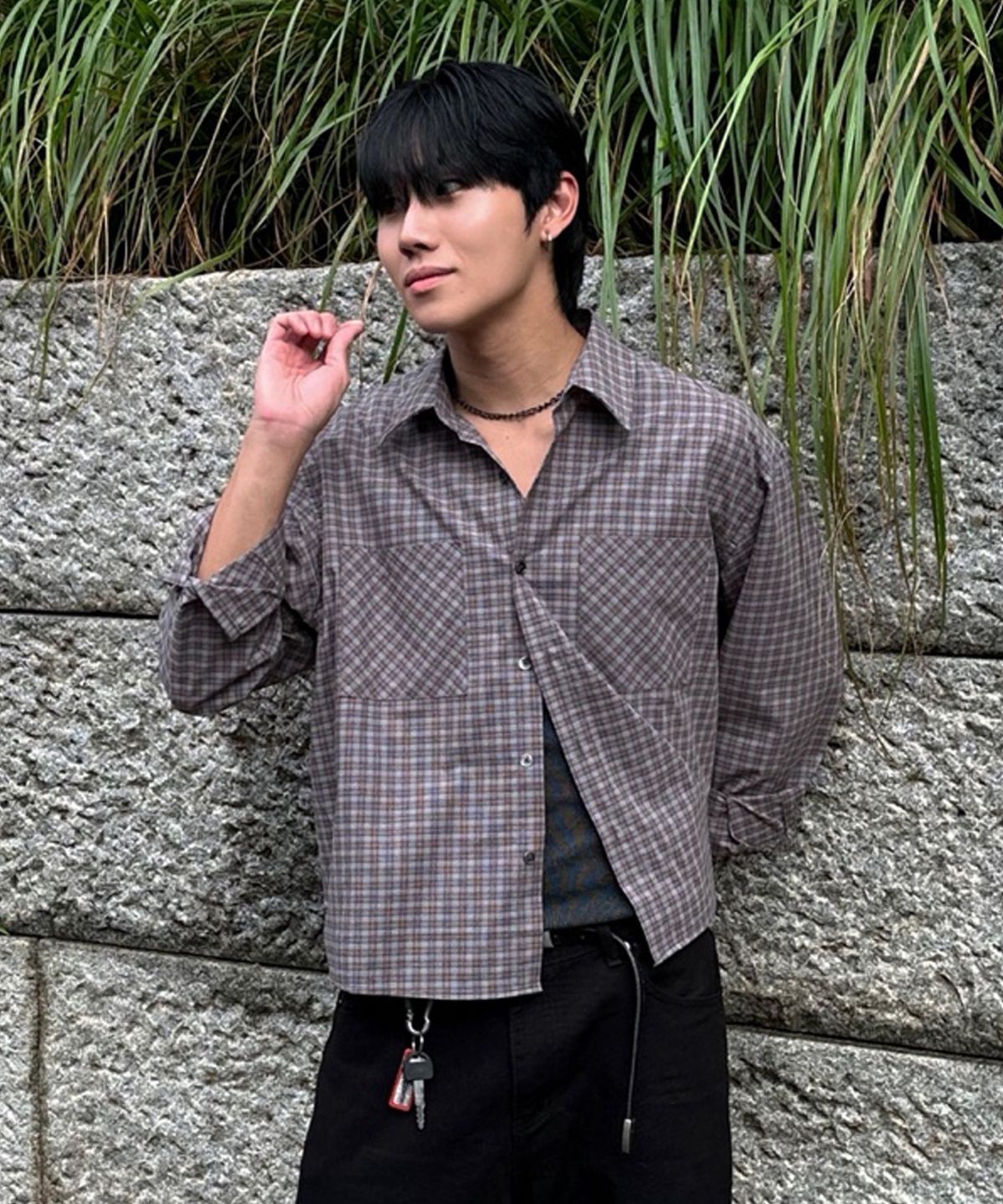 르아르(LEIRE) 에센셜 크롭 체크 셔츠 [버건디]