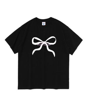 리본 프린팅 오버핏 반팔 티셔츠 (블랙)