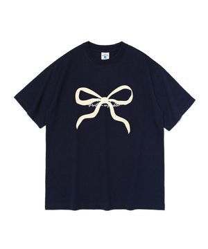 리본 프린팅 오버핏 반팔 티셔츠 (네이비)