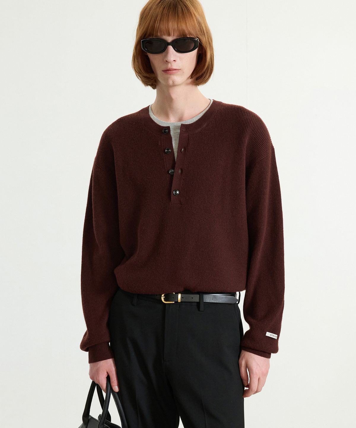 티엔지티(TNGT) Oversize Rib Henley Neck Knit (Burgundy) TNSW5F109D2
