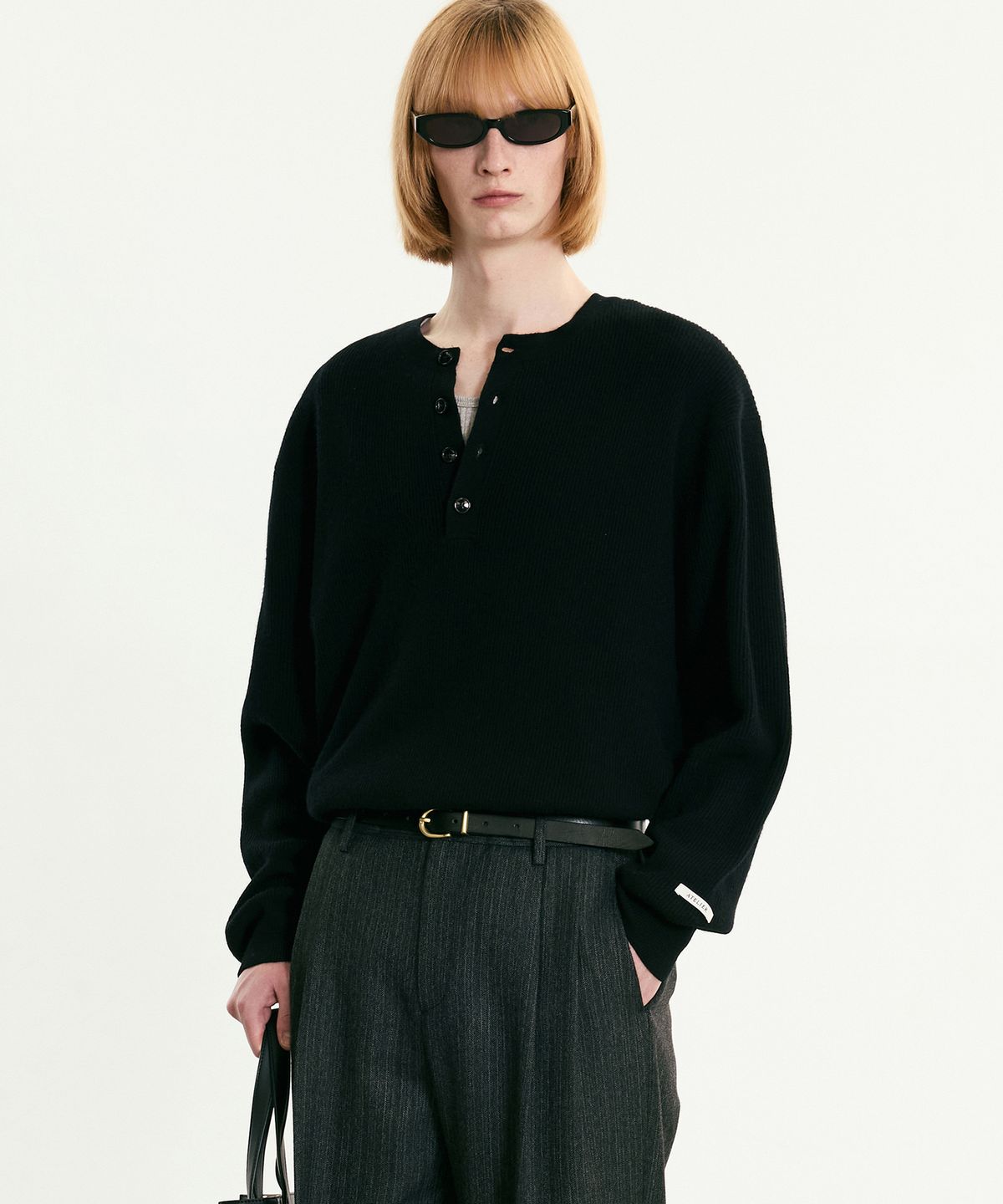 티엔지티(TNGT) Oversize Rib Henley Neck Knit (Black) TNSW5F109BK