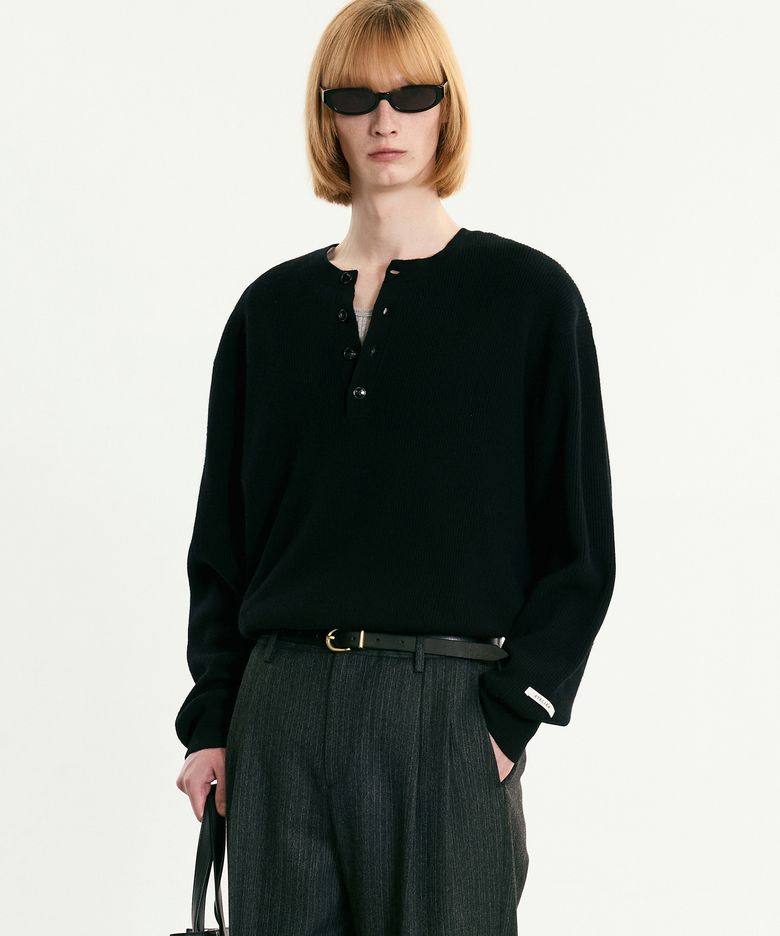 Oversize Rib Henley Neck Knit (Black) TNSW5F109BK