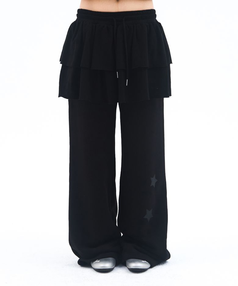 FRILL LAYERED SWEAT PANTS BLACK