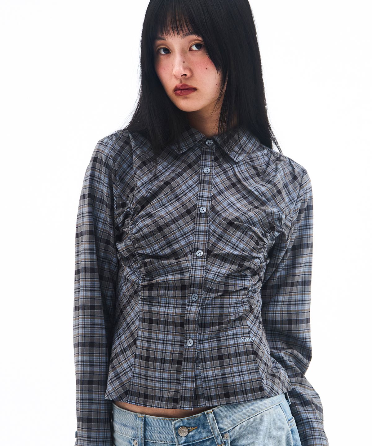 아메스 월드와이드(AMES-WORLDWIDE) CROP SHIRRING CHECK SHIRTS BLUE