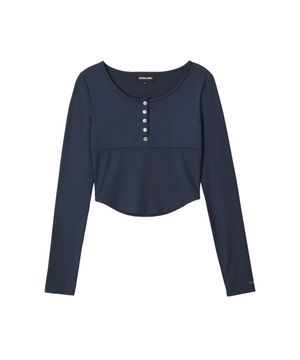 Nylon Buttoned Crop T-shirt [Fabric by ITALY] - NAVY