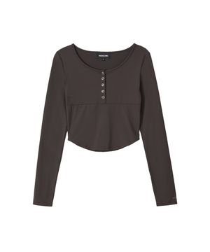 Nylon Buttoned Crop T-shirt [Fabric by ITALY] - BROWN