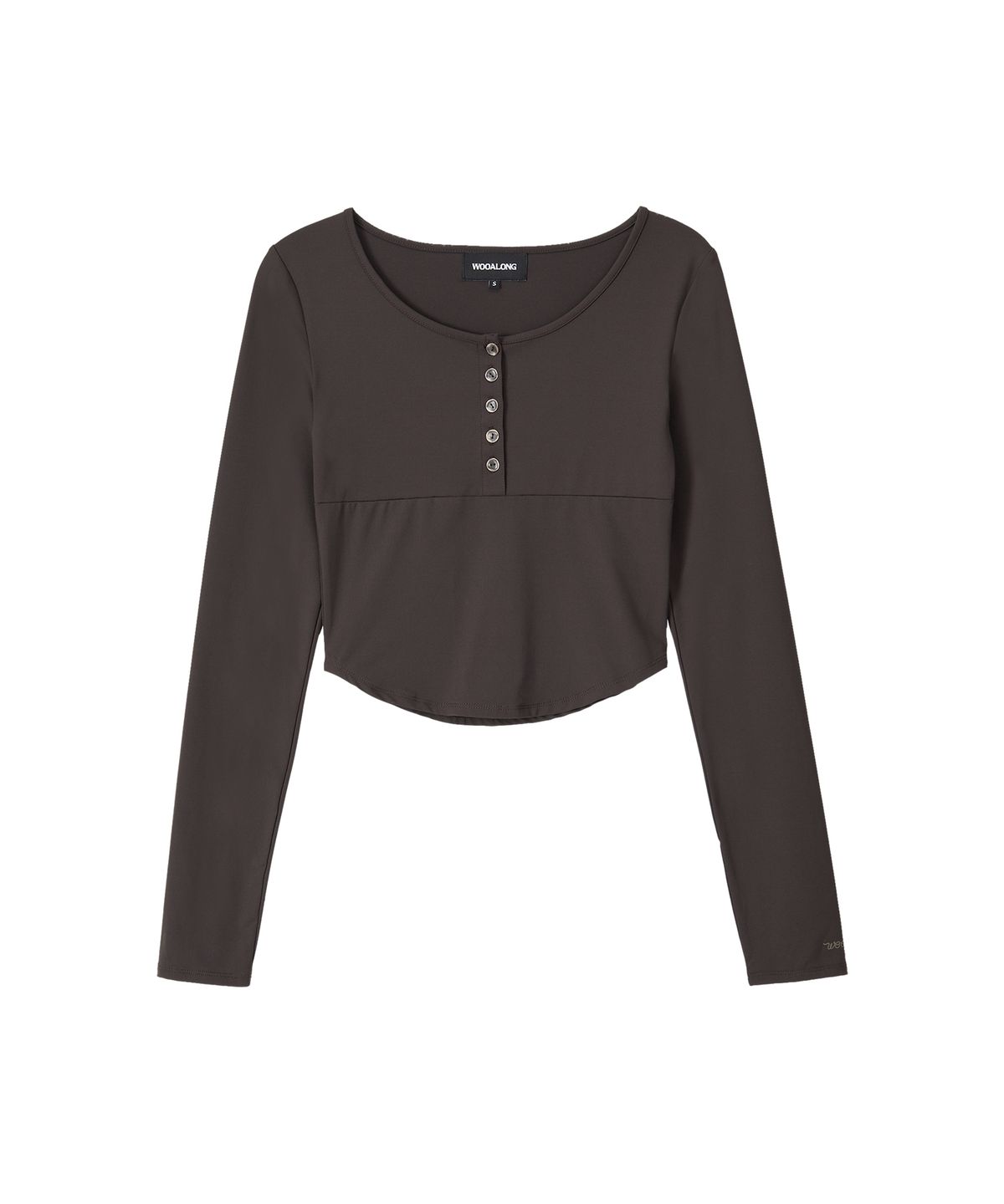 우알롱(WOOALONG) Nylon Buttoned Crop T-shirt [Fabric by ITALY] - BROWN