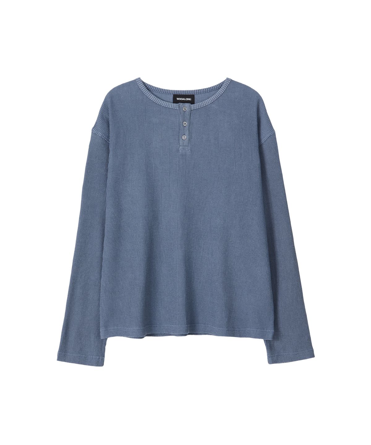 우알롱(WOOALONG) Layered Loose Waffle Henley Neck Long Sleeve Tee - FADE NAVY